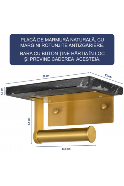 FizioTab FizioTab® Metal Toilet Paper Holder with Marble Shelf, Black/Gold