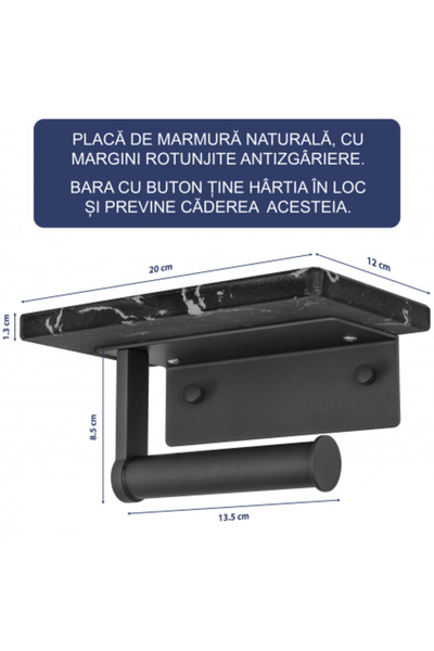 FizioTab FizioTab® Metal Toilet Paper Holder with Marble Shelf, Black/Grey