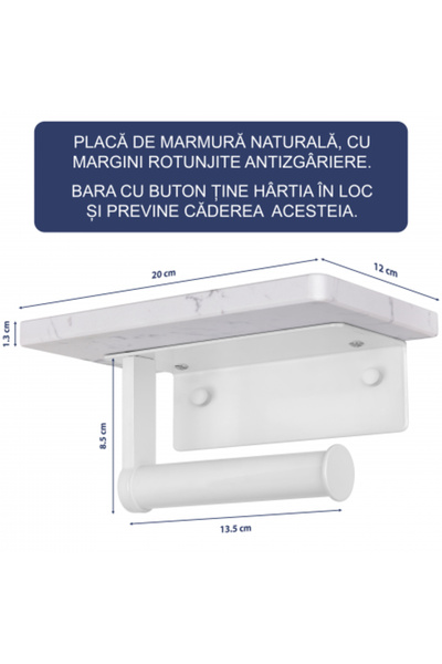 FizioTab FizioTab® Metal Toilet Paper Holder with Marble Shelf, White/White