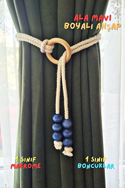 Armashine Ala Mavi Ahşap Boncuklu Makrome Perde Tutucu Bağı – Bohem Fon Perde Bağlama Braçol (1 Adet)