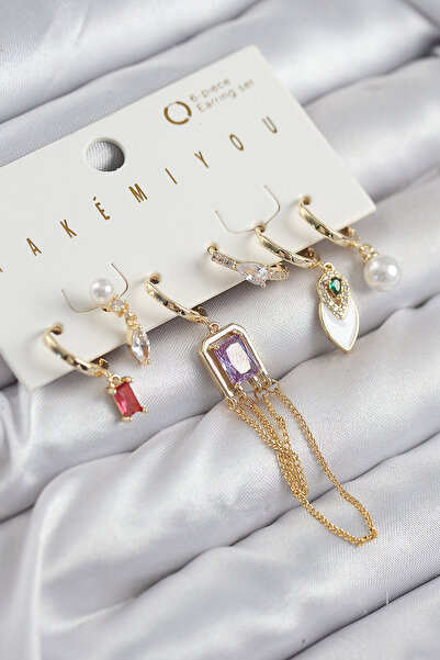 Clariss Gold Color 6-Piece Earring Set with Brass Zircon Stone, Pendant and Pearl