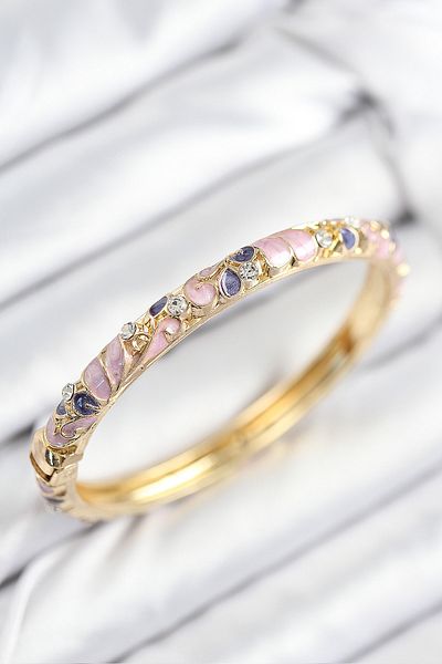 Clariss Mineli Brass Zircon Stone Fuchsia Purple Flower Motif Gold Women's Handcuffs