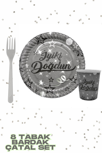 Baloncu Nene Σετ πιάτων και ποτηριών από ασημένιο χαρτόνι με επιγραφή  "Χρόνι...