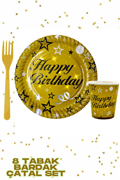 Baloncu Nene Happy Birthday Yazılı Gold Karton Tabak Bardak Set Doğum Günü Öz...