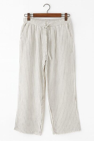 enmodaiçgiyim White Striped 100% Cotton Muslin Fabric Wide Leg Comfortable Fit Women's Trousers with Two Pockets