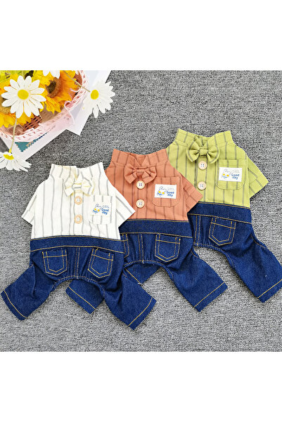 CAZEO Köpek Tulum Yazlık – Çizgili Gömlek ve Kot Pantolon Görünümlü