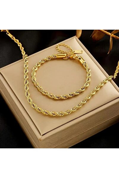 mujeres 2 li altın kaplama paslanmaz çelik kolye ve bileklik seti çok yönlü retro takı