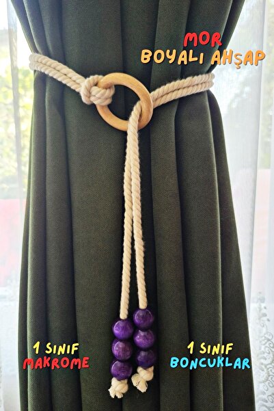 Armashine Mor Renk Ahşap Halkalı Boncuklu Makrome Perde Tutucu Bağı – Bohem Fon Perde Bağlama Braçol (1 Adet)