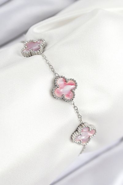 Clariss 316L Steel Pearlescent Pink Silver Color Clover Women's Bracelet