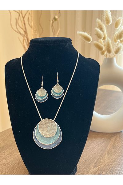 Büyük Hanım Retro Saucer Design Boho Style Blue Pendant Earrings Set