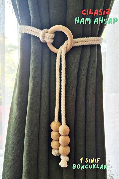 Armashine Натуральний дерев'яний кільцевий макраме-тримач для штор з намистинами – без лаку, необроблений фон для штор, кріплення для штор (1 шт.)