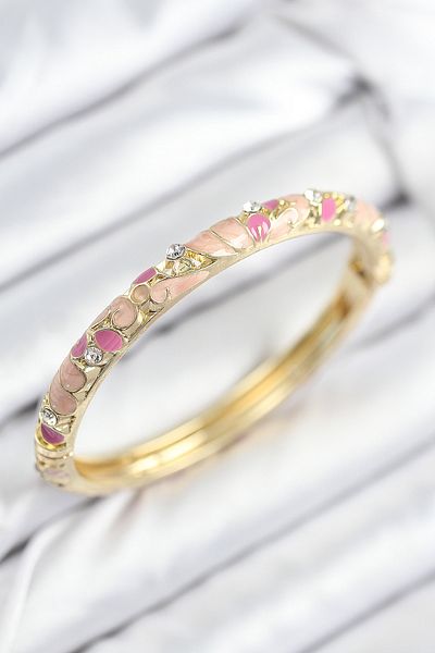 Clariss Mineli Brass Zircon Stone Pink Flower Motif Gold Women's Handcuffs