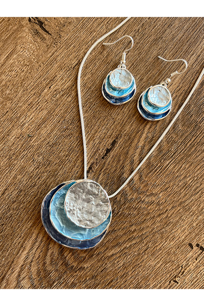 Büyük Hanım Retro Saucer Design Boho Style Blue Pendant Earrings Set