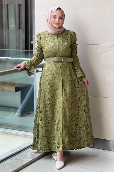Mahal Guipure Dress with Belted Sleeve Ends Valon