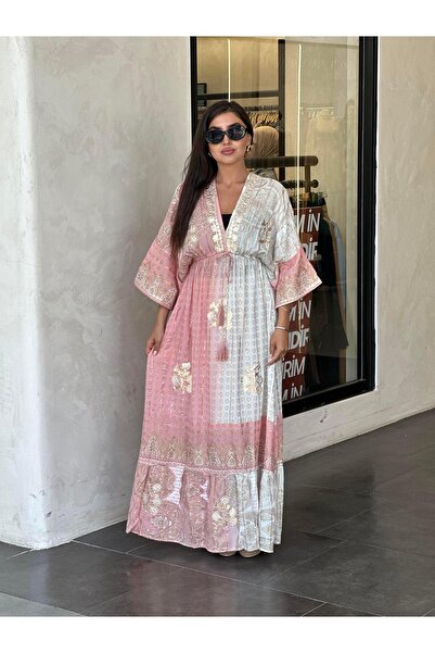 Ranasubaşı IBN-4029 فستان مستورد بخصر مطاطي وردي