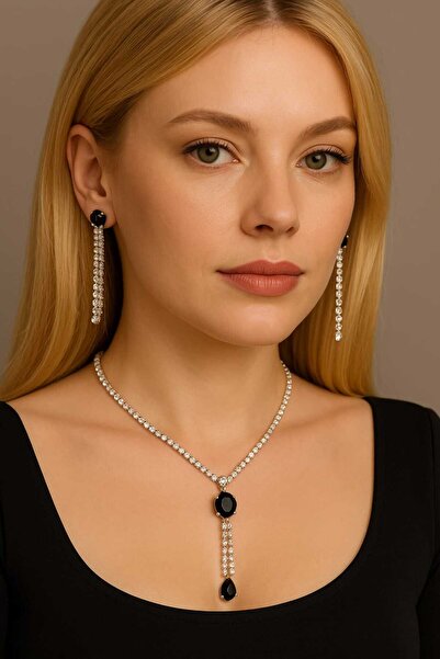 Girbegenal Gümüş kaplama siyah taşlı su yolu kolye küpe ve küpe set özel günl...