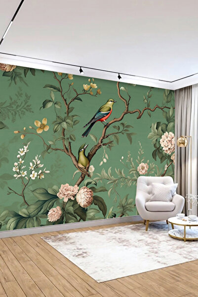 dreamwall Yeşil Zemin Çiçekli Kuş Desenli Poster Duvar Kağıdı – Vintage Botanik Tasarım