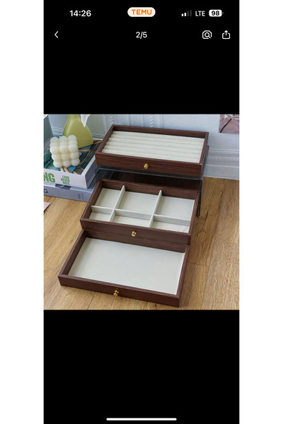 İthal Wooden 3 Drawers Compartment Jewelry Storage Box with Velvet Inside Brown Color