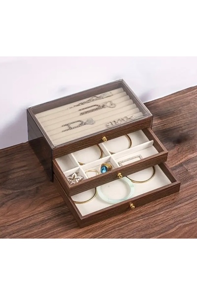 İthal Wooden 3 Drawers Compartment Jewelry Storage Box with Velvet Inside Brown Color