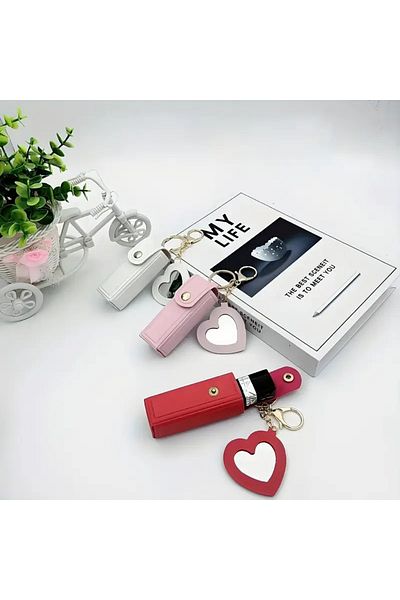 Viranes Mini Lipstick Bag with Mirror, Lipstick Case, Mini Makeup Bag, Mini Lipstick Case with Heart Figure