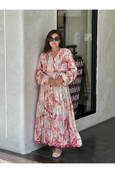 Ranasubaşı Ibn-4002 Gilded V-Neck Imported Dress Pink