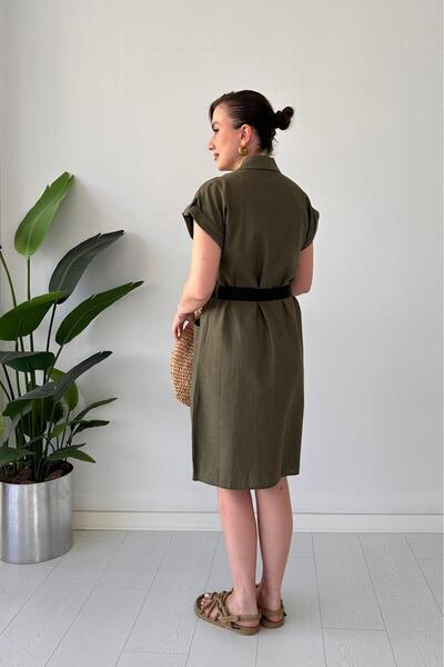 MaziButik Black Belted Shirt Dress Khaki