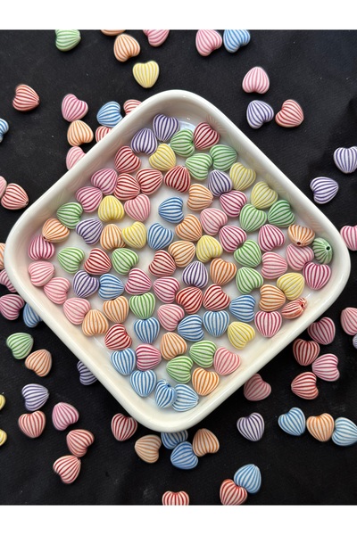 Bijumix Aksesuar 50 Adet Kalp Karışık renkli çizgili Kalp Akrilik Plastik Boncuk