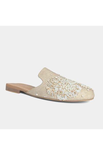 Delilah Grace Embellished Mule – Genuine Leather, Hand-Embroidered, Double-Cushioned – Beige
