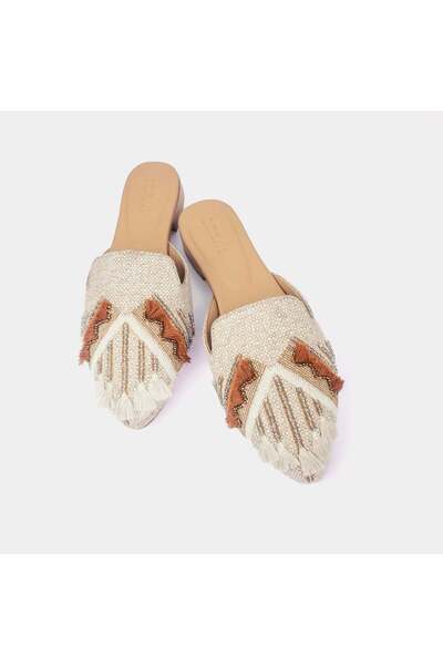 Delilah Nomad Embroidered Mule – Genuine Leather, Handcrafted with Tassels – Beige & Gold