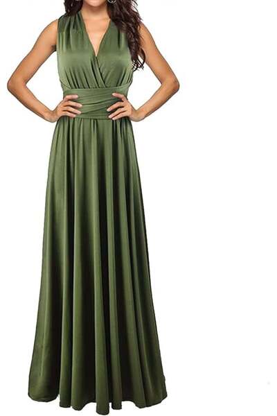 OEM Elegant long dress, sleeveless, open back, high waist, Dark green M