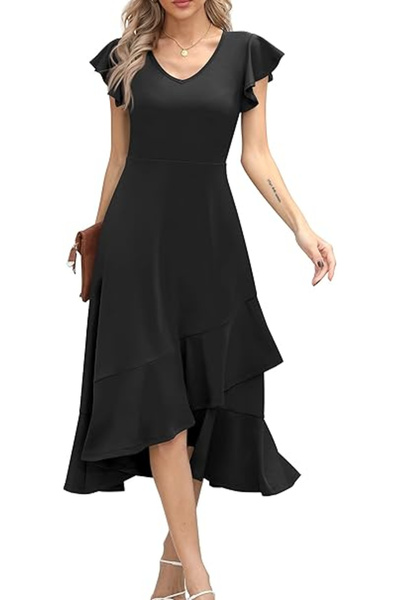 OEM Elegant summer dress, above-knee length, V-neckline, hidden zipper on the back, black M