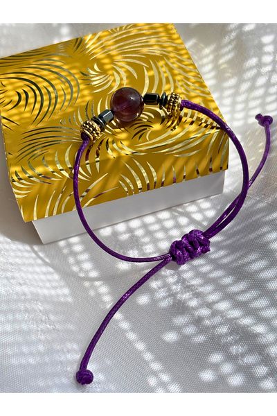 ayrestyle Sphere Cut Amethyst Natural Stone Drawstring Women's Bracelet - Adjustable Macrame Bohemian Design