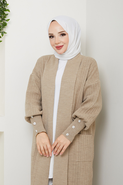 Pamuk Butik Women's Sleeve Buttoned Shawl Collar Steel Knitted Sweater Cardigan