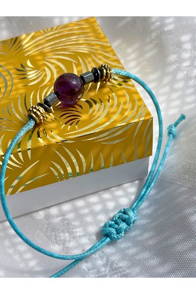ayrestyle Sphere Cut Amethyst Natural Stone Drawstring Women's Bracelet - Adjustable Macrame Bohemian Design