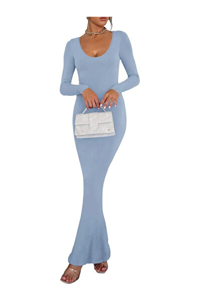 OEM Rochie lungă, elastică, mulată, cu mâneci lungi, albastră, XL