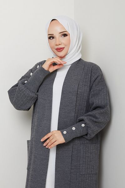 Pamuk Butik Women's Sleeve Buttoned Shawl Collar Steel Knitted Sweater Cardigan