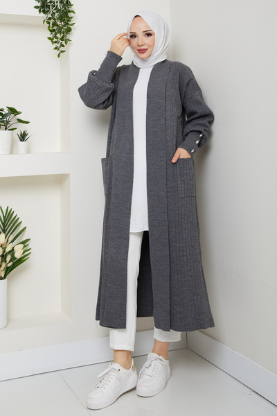 Pamuk Butik Women's Sleeve Buttoned Shawl Collar Steel Knitted Sweater Cardigan