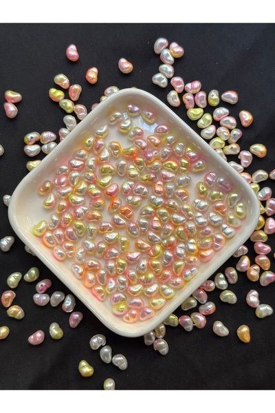 Bijumix Aksesuar 100 Adet Yamuk İnci, Barok İnci, Boncuk Sarı Turuncu Pembe Beyaz Tonlu Ebruli Akrilik Plastik Boncuk