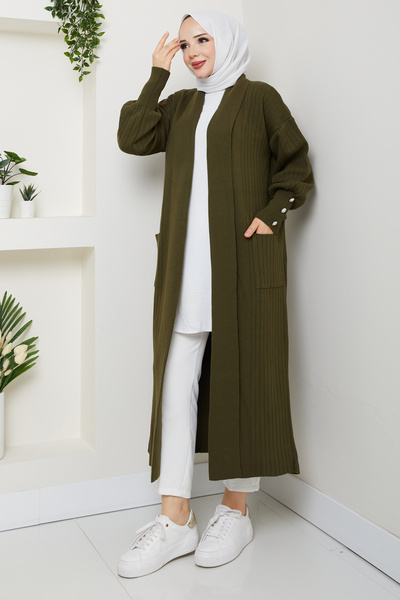 Pamuk Butik Women's Sleeve Buttoned Shawl Collar Steel Knitted Sweater Cardigan
