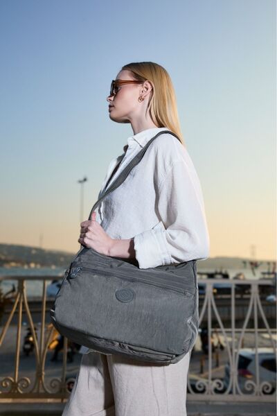 Çanta Trend Women's Water Resistant Fabric 5 Compartment Cross Strap Dark Gray School Travel and Shoulder Bag