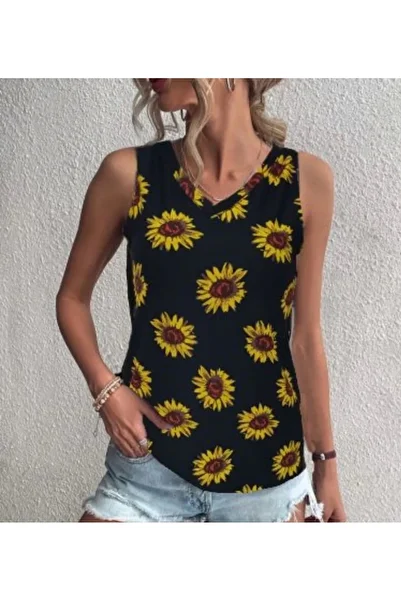 MetuCA Women's V-Neck Sleeveless Sunflower Pattern Crepe Blouse