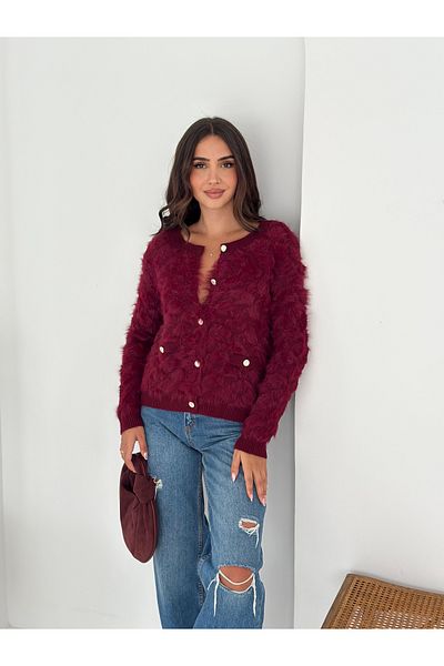 02Lady Fashion Baklava Patterned Soft Textured Pocket Detailed Buttoned Beard Fabric Knitwear Cardigan