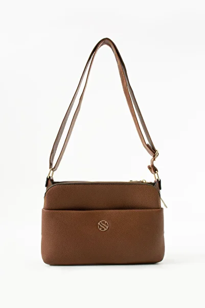 Çanta Trend Women's Faux Leather Adjustable Cross Strap 4 Compartment Metal Zippered Tan Color Crossbody and Shoulder Bag