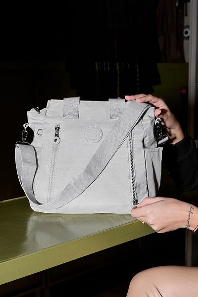 Çanta Trend Women's Large Size 7 Compartments Water Resistant Crinkle Fabric Light Gray Hand and Shoulder Bag