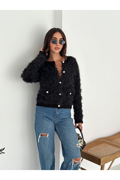 02Lady Fashion Baklava Patterned Soft Textured Pocket Detailed Buttoned Beard Fabric Knitwear Cardigan