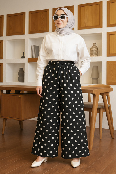 Gül Siyah Beyaz Puantiyeli Bürümcük Kumaş Rahat Kesim Palazzo Pantolon