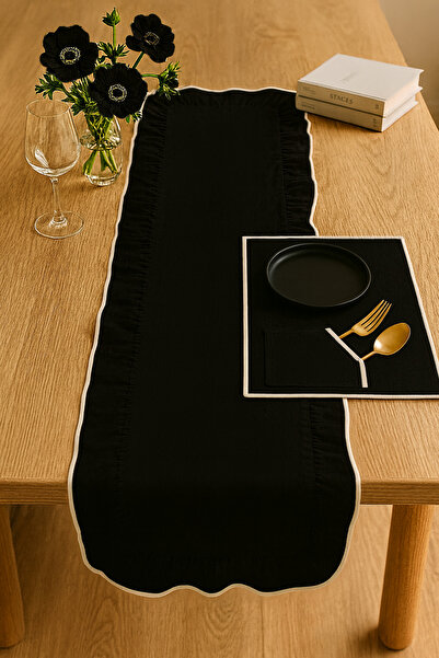 Mirilliahome Fırfırlı Biyeli Keten Runner | Doğal Siyah Fırfırlı Runner - Sofra Dekorasyonu Için Şık Tasarım