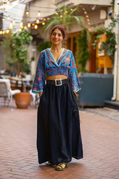 Miss Boheme Blue Color V Neck Spanish Sleeve Silk Blouse