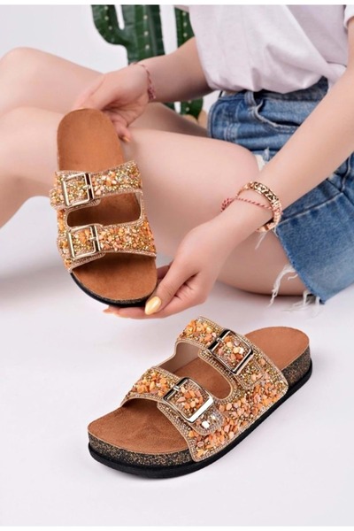 KOCAMANLAR Feles Double Buckle Cork Sole Stone Detailed Women's Slippers Gold
