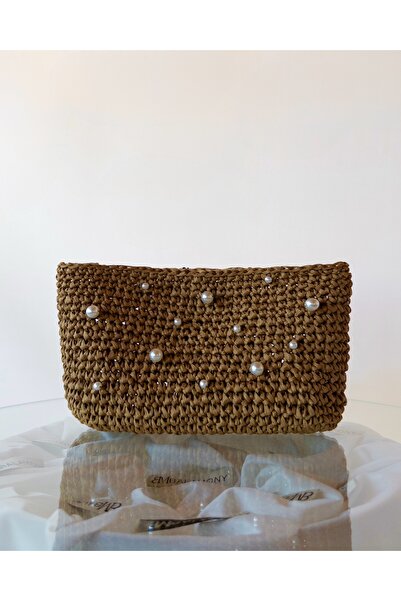 Balamony Brown Pearl Embroidered Straw Bag